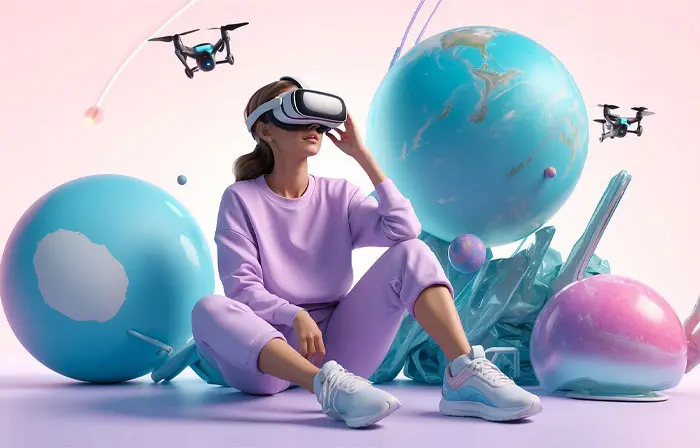 Virtual Reality Headset Using Girl 3D Character Design Art Illustration